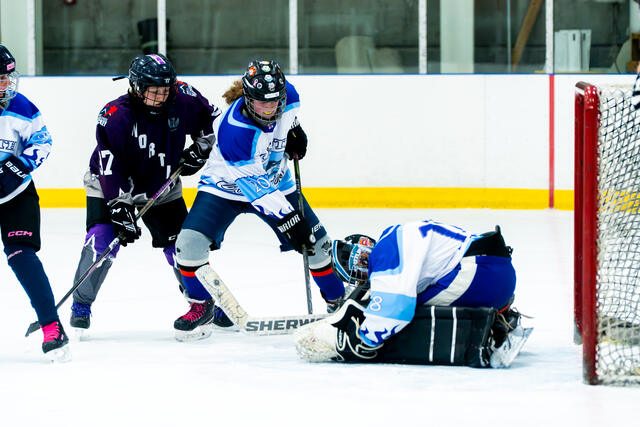 Goalie covers up as the referee watches